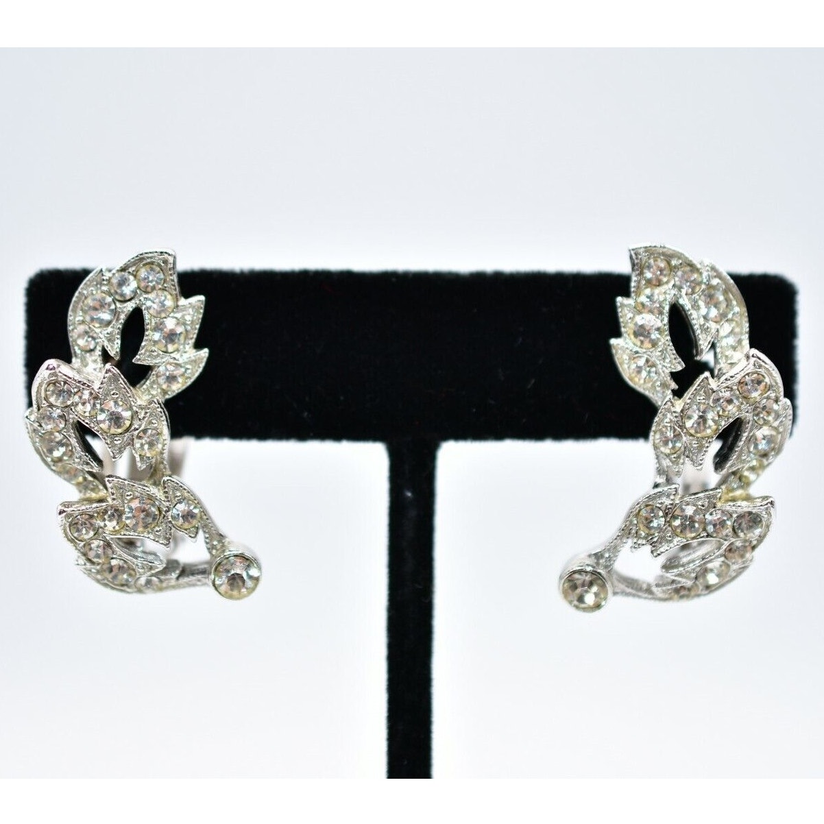 Ora Vintage Clip On Earrings Silver Rhinestone Crystal Shiny Signed 1940s Bin8